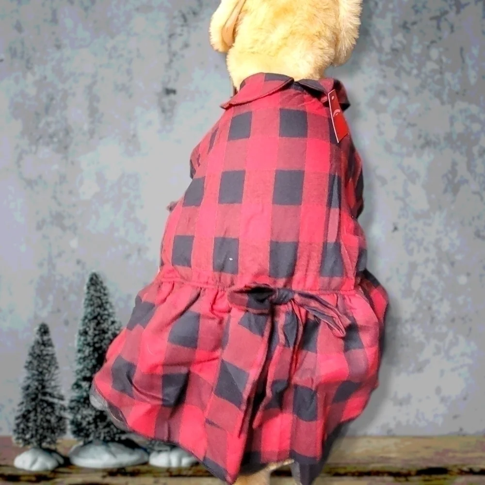 WONDERSHOP 𝅺Large Dress Bow & Tutu Dog Holiday Buffalo Plaid Check Red New T32